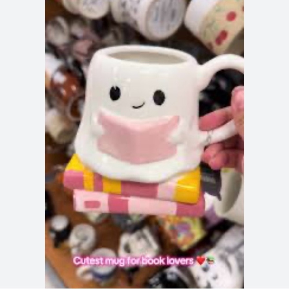 Cute White and Pink Mug with Book Design